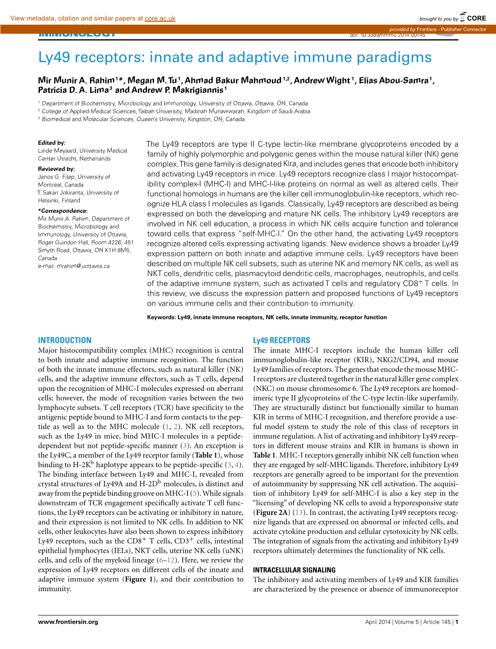 Ly49 Receptors: Innate and Adaptive Immune Paradigms