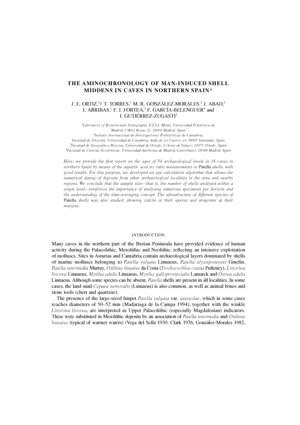 The Aminochronology of Man-Induced Shell Middens in Caves in Northern Spain*