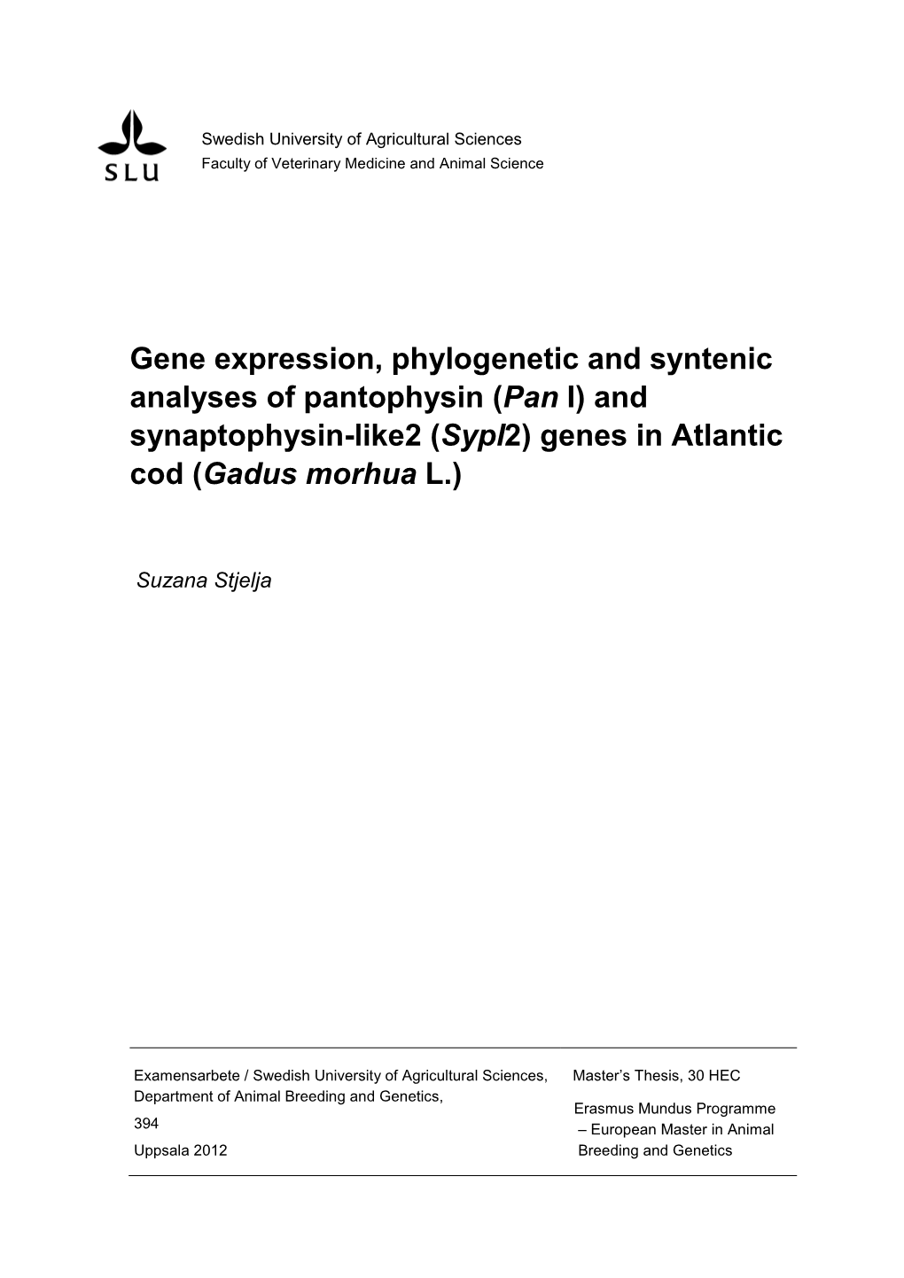 Gene Expression, Phylogenetic and Syntenic Analyses of Pantophysin (Pan I) and Synaptophysin-Like2 (Sypl2) Genes in Atlantic Cod (Gadus Morhua L.)