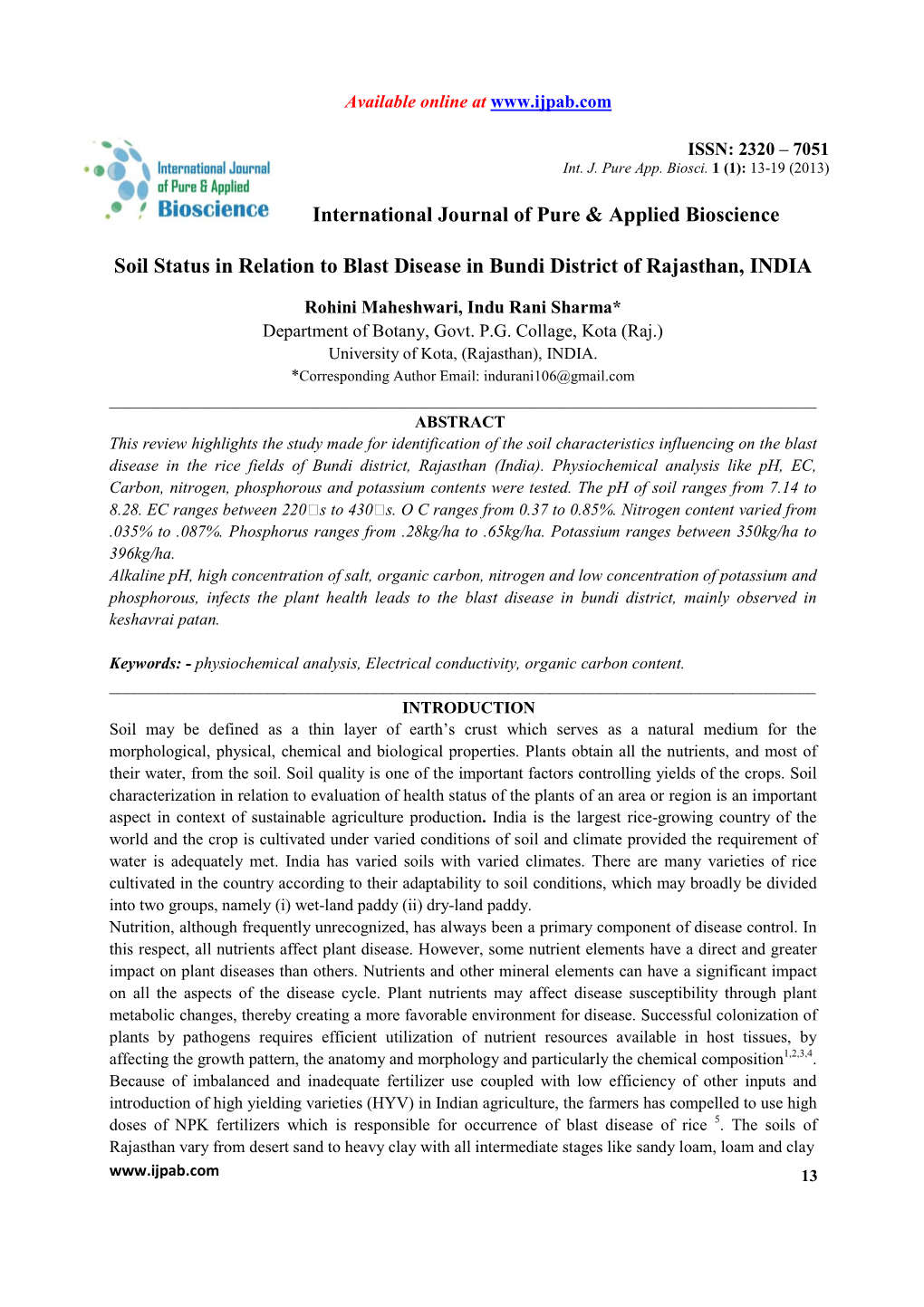 Soil Status in Relation to Blast Disease in Bundi District of Rajasthan, INDIA International Journal of Pure & Applied Biosc