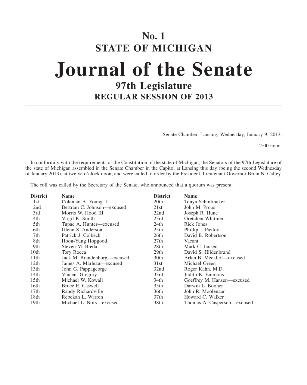 Journal of the Senate 97Th Legislature REGULAR SESSION of 2013