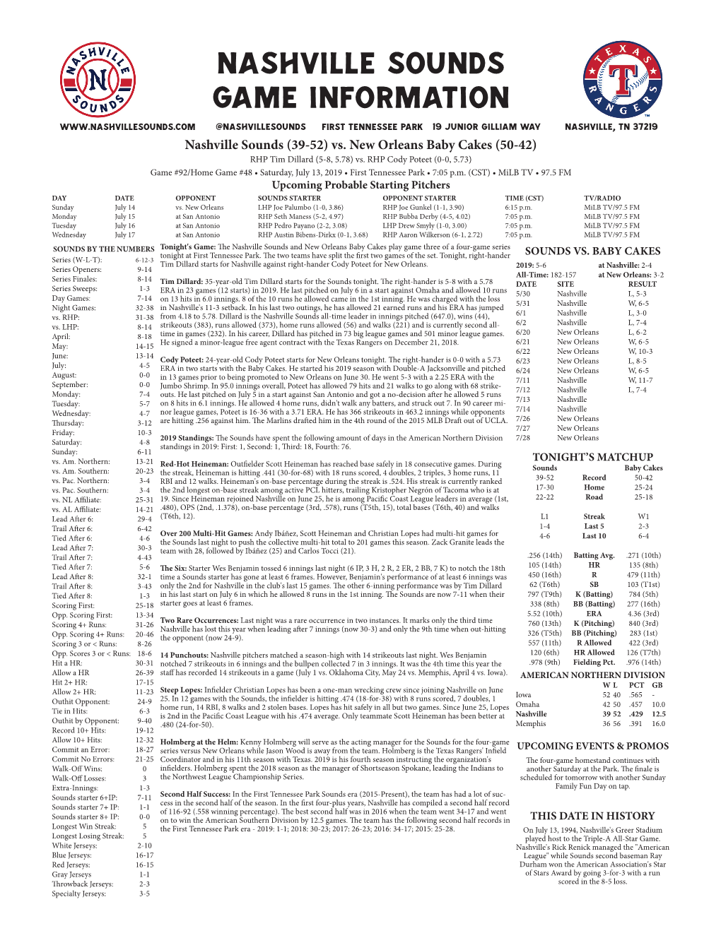 Nashville Sounds Game Information @Nashvillesounds First Tennessee Park 19 Junior Gilliam Way Nashville, TN 37219 Nashville Sounds (39-52) Vs