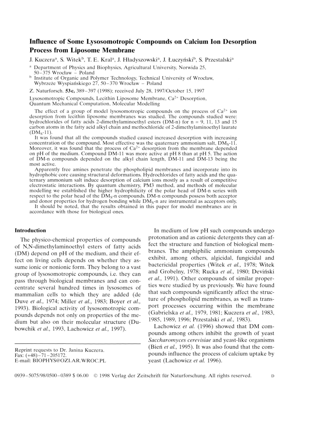 Influence of Some Lysosomotropic Compounds on Calcium Ion Desorption Process from Liposome Membrane J