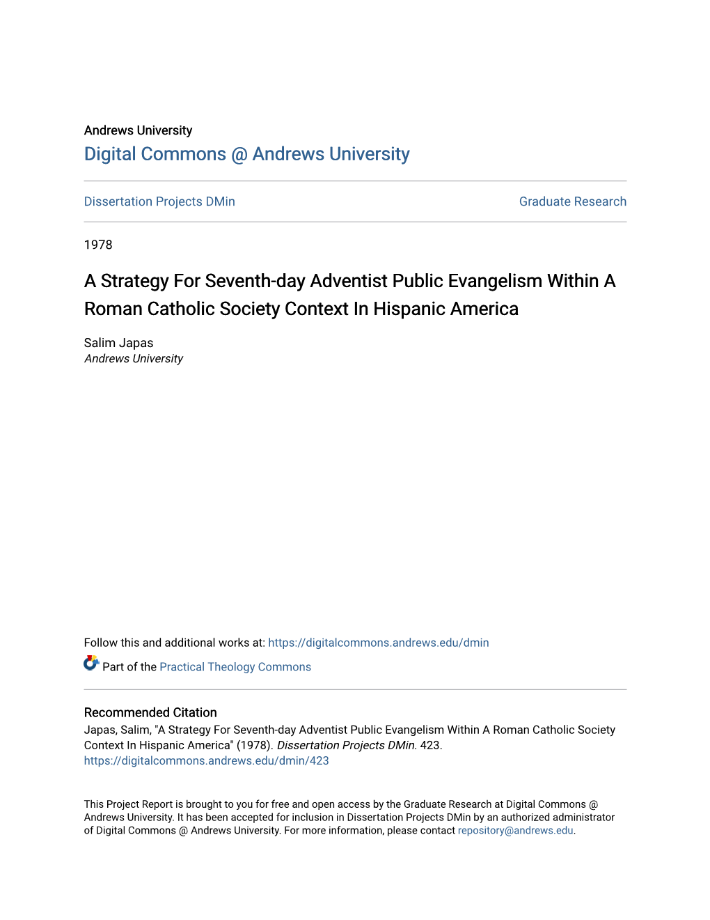 A Strategy for Seventh-Day Adventist Public Evangelism Within a Roman Catholic Society Context in Hispanic America