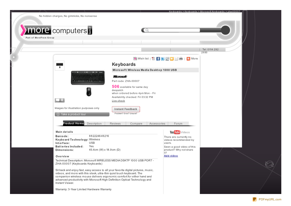 ZHA-00007 Microsoft WIRELESS MEDIA DSKTP 1000 USB PORT