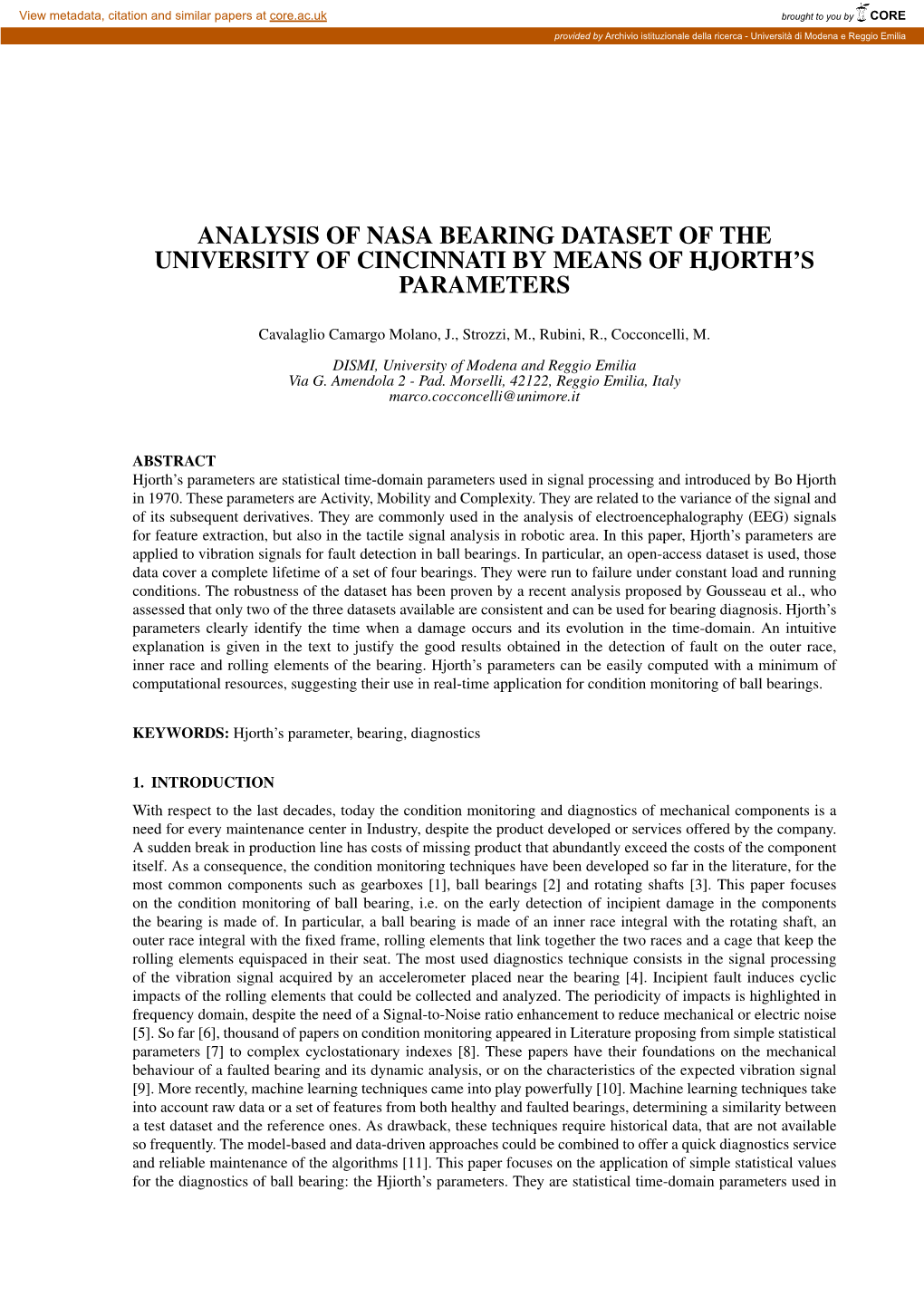 Analysis of Nasa Bearing Dataset of the University of Cincinnati by Means of Hjorth’S Parameters