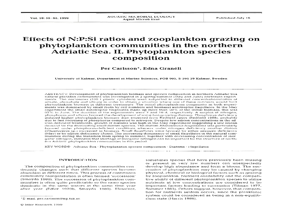 Effects of N:P:Si Ratios and Zooplankton Grazing on Phytoplankton Communities in the Northern Adriatic Sea. 11. Phytoplankton Species Composition