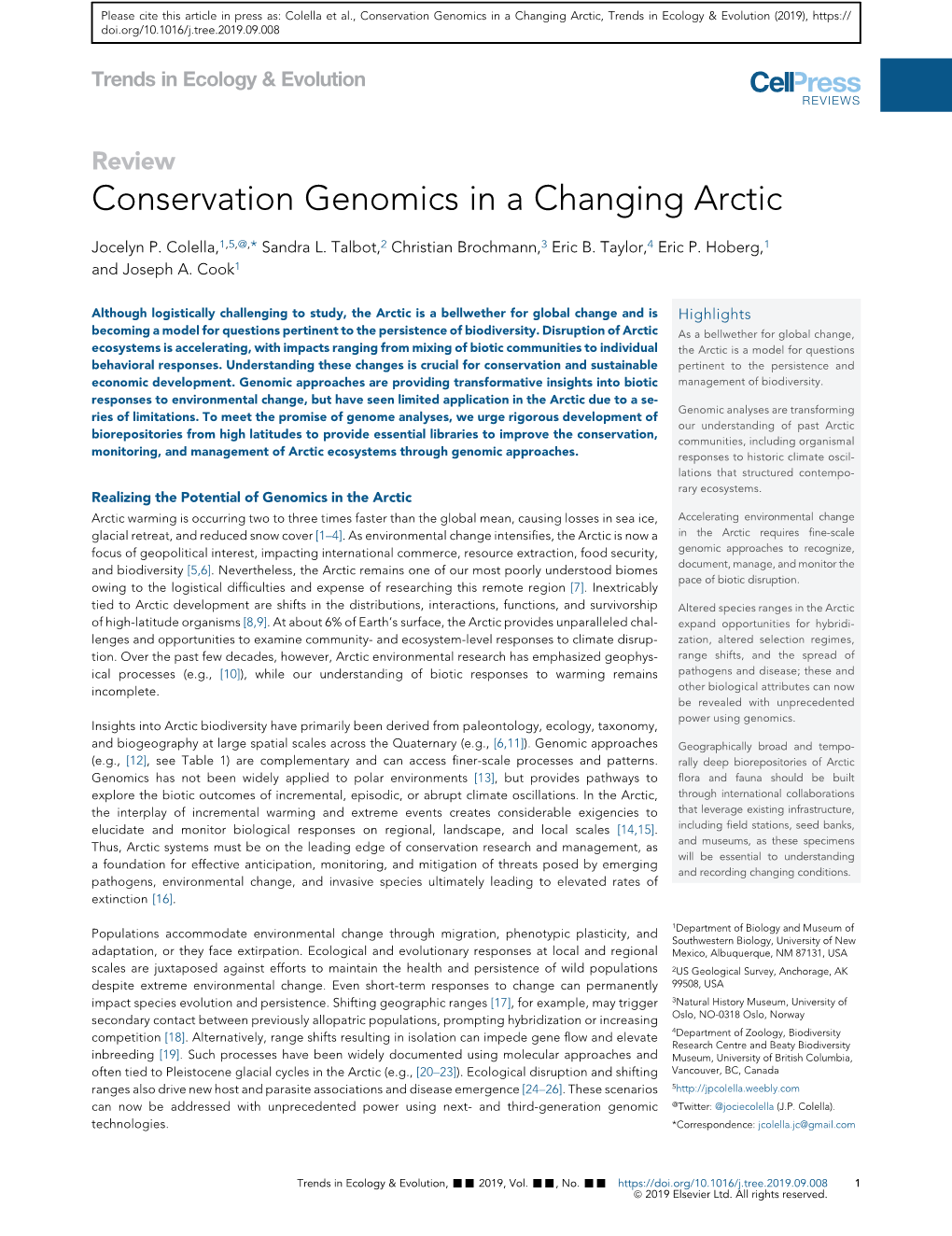 Conservation Genomics in a Changing Arctic, Trends in Ecology & Evolution (2019), Doi.Org/10.1016/J.Tree.2019.09.008