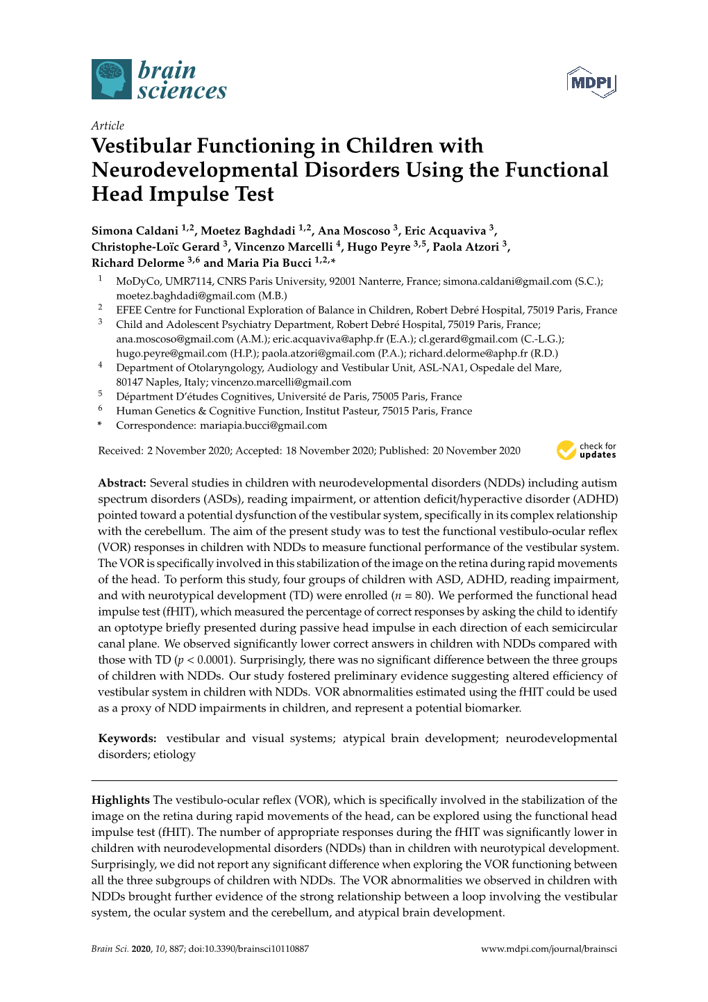 Vestibular Functioning in Children with Neurodevelopmental Disorders Using the Functional Head Impulse Test