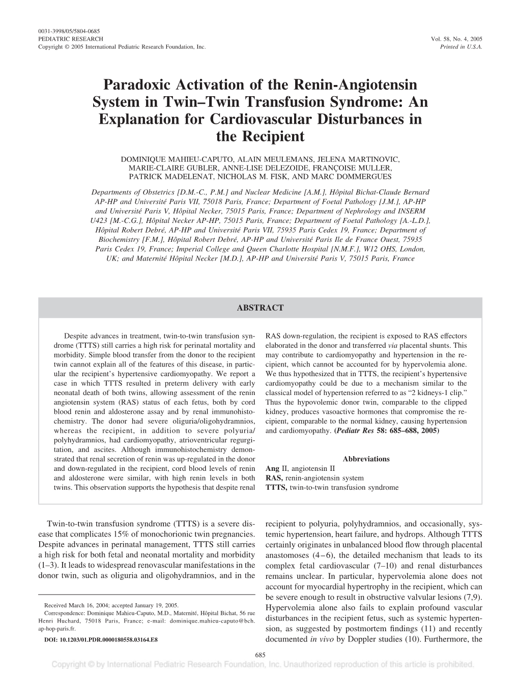 Paradoxic Activation of the Renin-Angiotensin System in Twin–Twin Transfusion Syndrome: an Explanation for Cardiovascular Disturbances in the Recipient