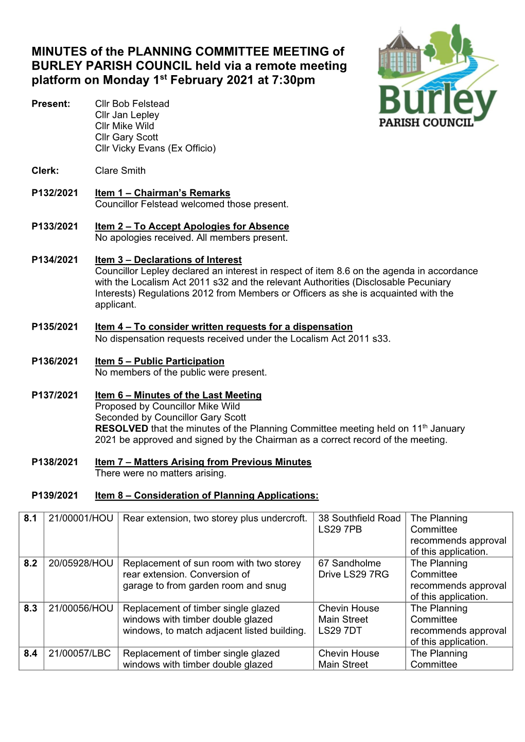 MINUTES of the PLANNING COMMITTEE MEETING of BURLEY PARISH COUNCIL Held Via a Remote Meeting Platform on Monday 1St February 2021 at 7:30Pm