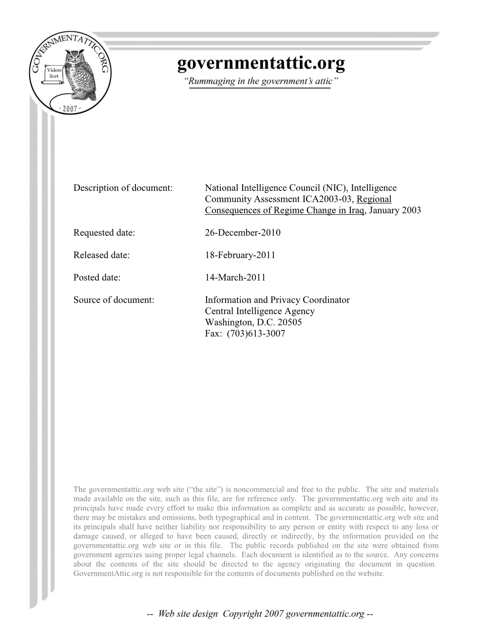 Intelligence Community Assessment ICA2003-03, Regional Consequences of Regime Change in Iraq, January 2003