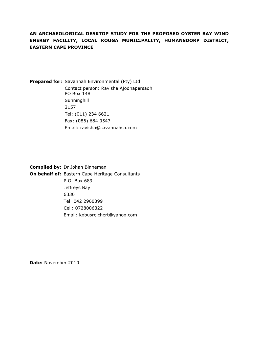An Archaeological Desktop Study for the Proposed Oyster Bay Wind Energy Facility, Local Kouga Municipality, Humansdorp District, Eastern Cape Province