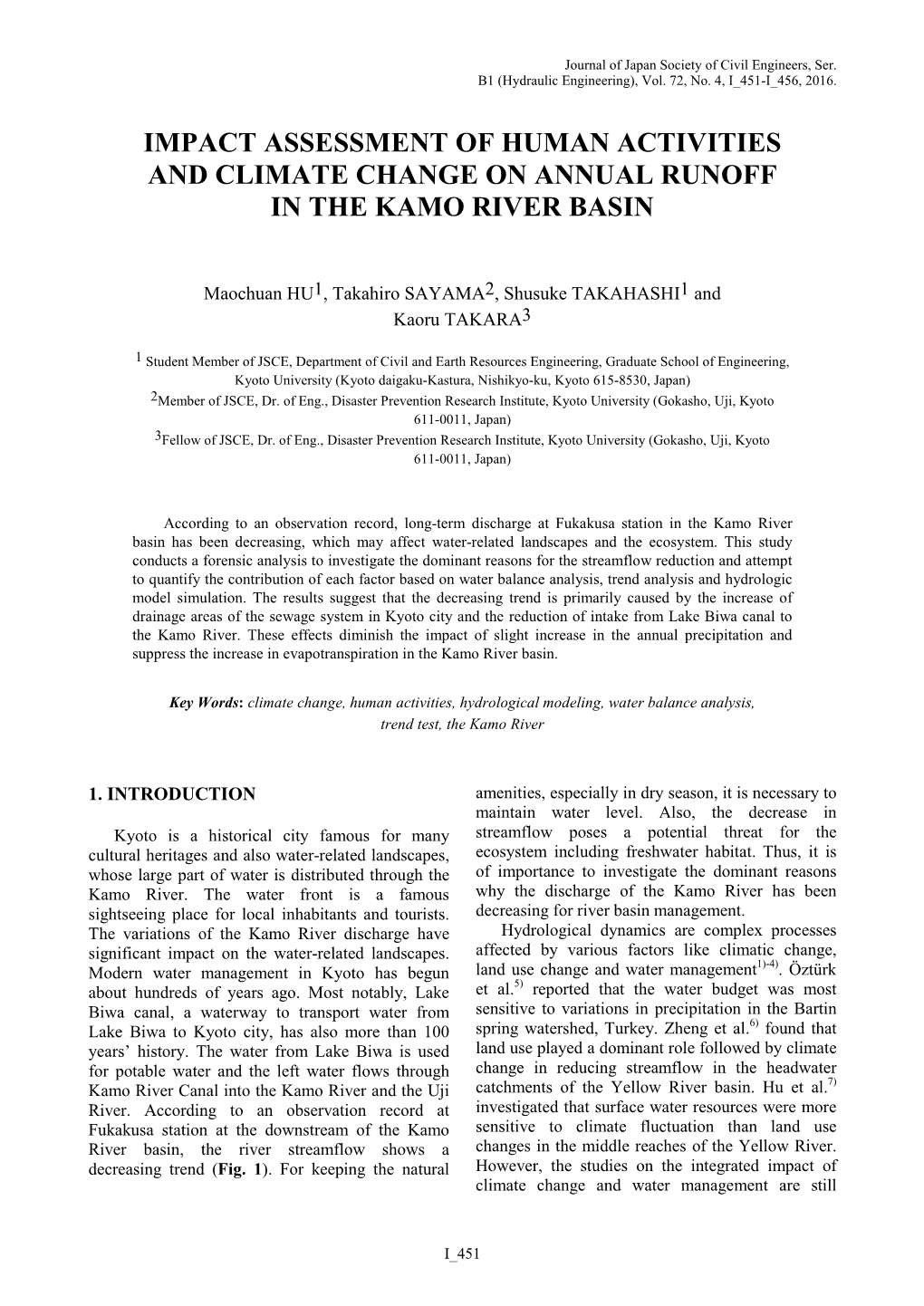 Impact Assessment of Human Activities and Climate Change on Annual Runoff in the Kamo River Basin