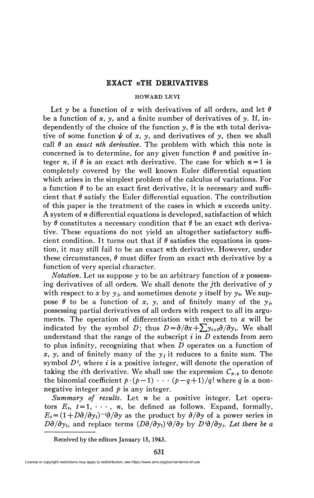 EXACT Wth DERIVATIVES Let Y Be a Function of X with Derivatives of All