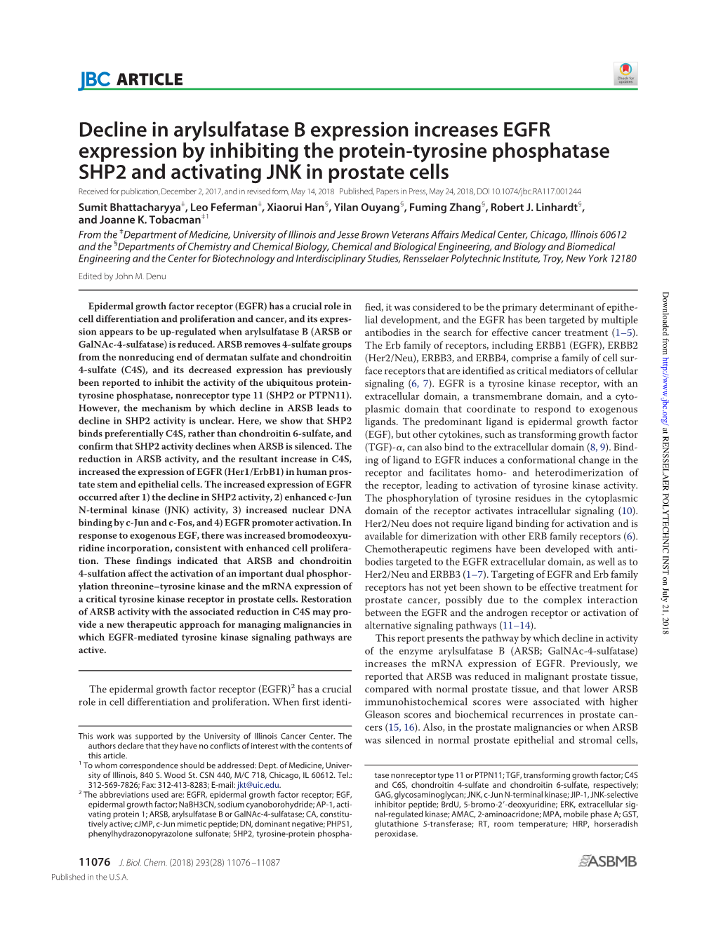 Decline in Arylsulfatase B Expression Increases EGFR Expression