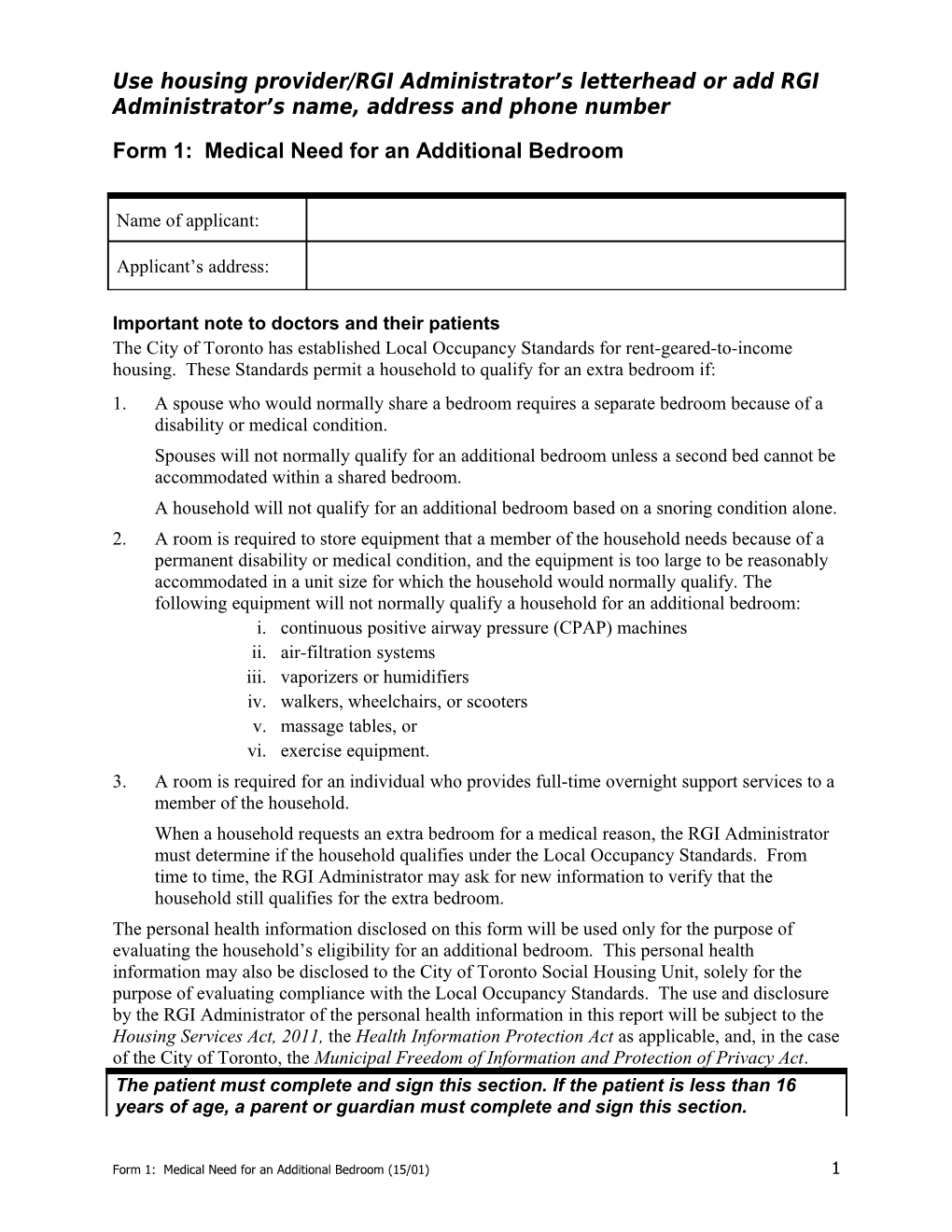 Form 1: Medical Need for an Additional Bedroom