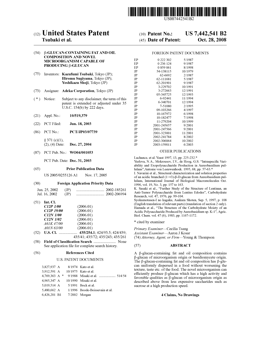 (12) United States Patent (10) Patent No.: US 7.442,541 B2 Tsubaki Et Al