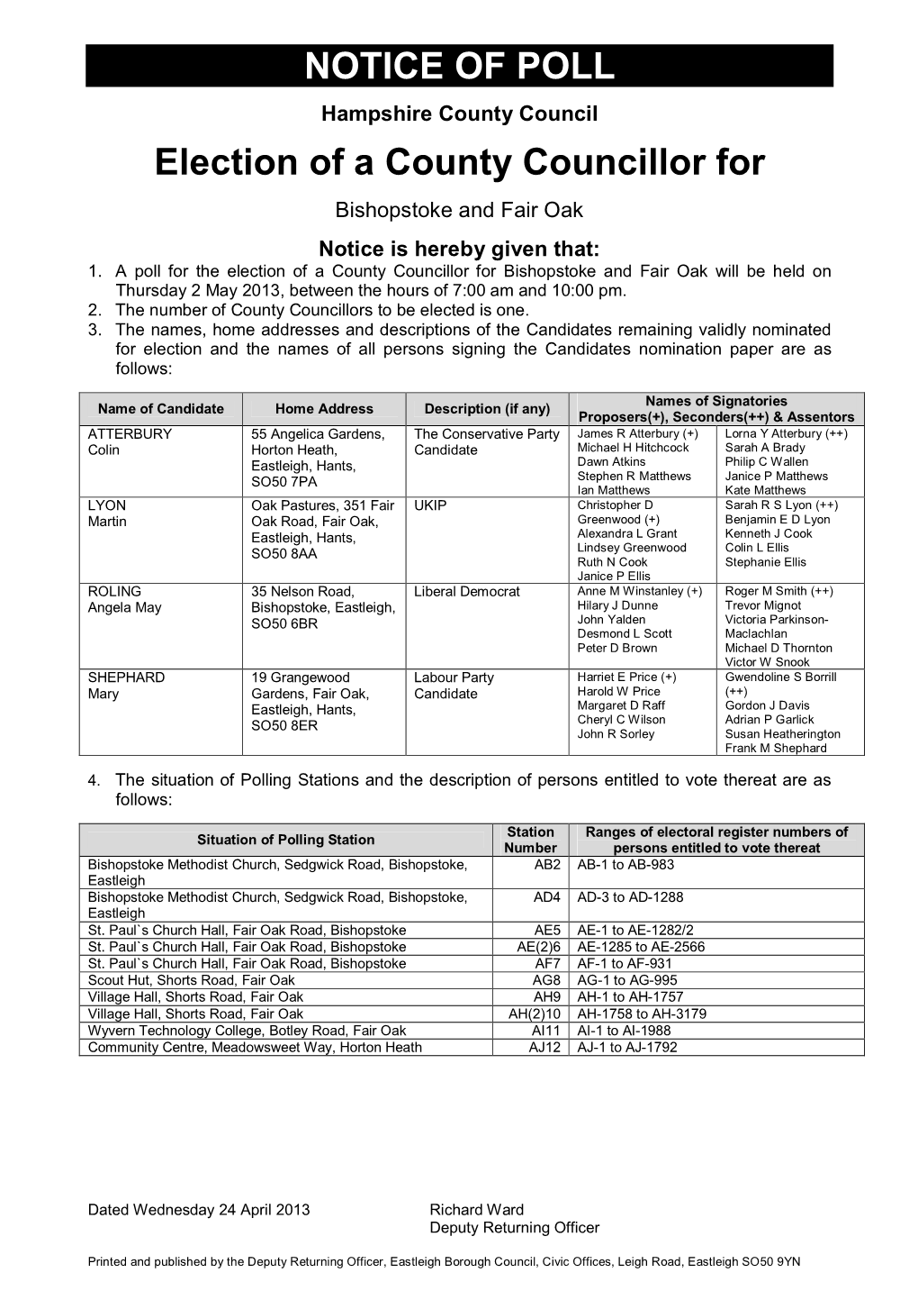 NOTICE of POLL Election of a County Councillor