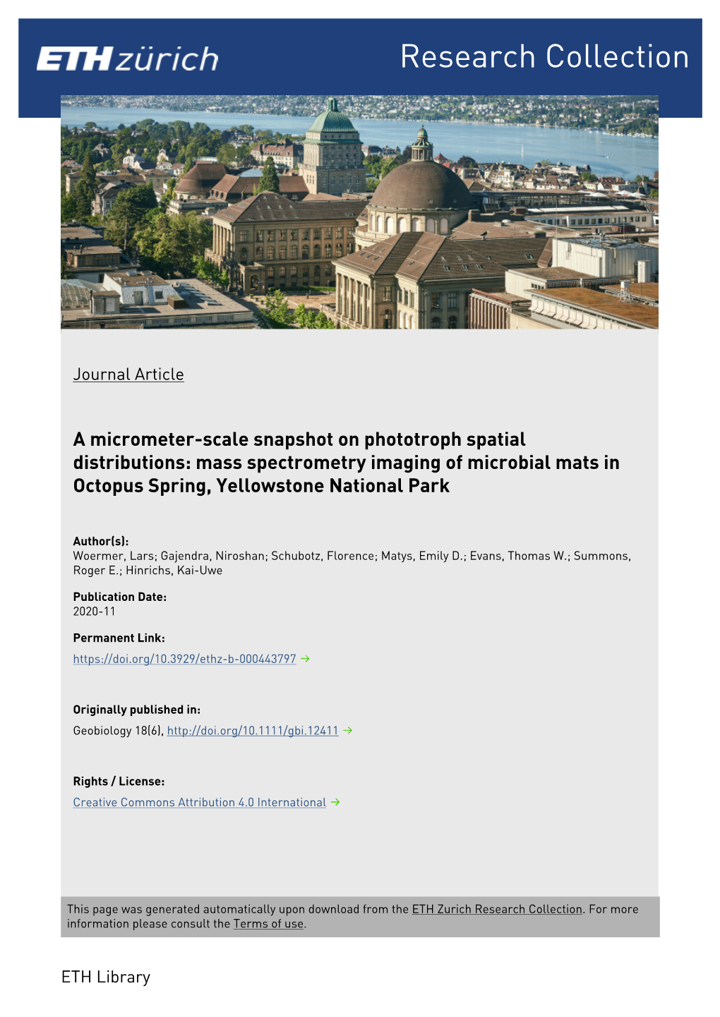 Mass Spectrometry Imaging of Microbial Mats in Octopus Spring, Yellowstone National Park