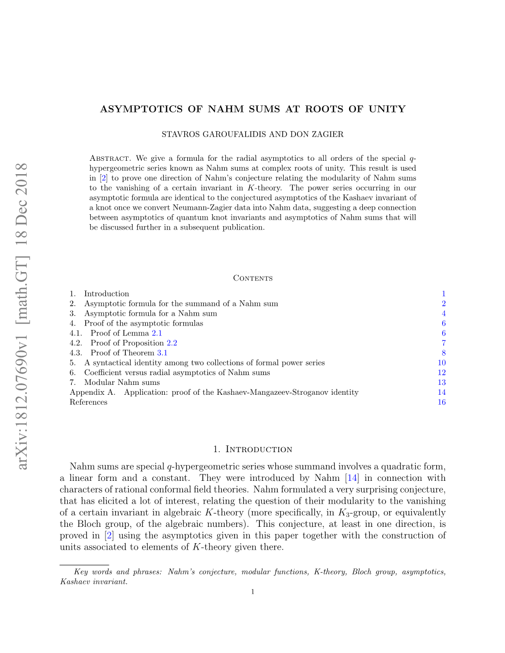 Arxiv:1812.07690V1 [Math.GT] 18 Dec 2018 Nahm Sums Are Special Q-Hypergeometric Series Whose Summand Involves a Quadratic Form, a Linear Form and a Constant