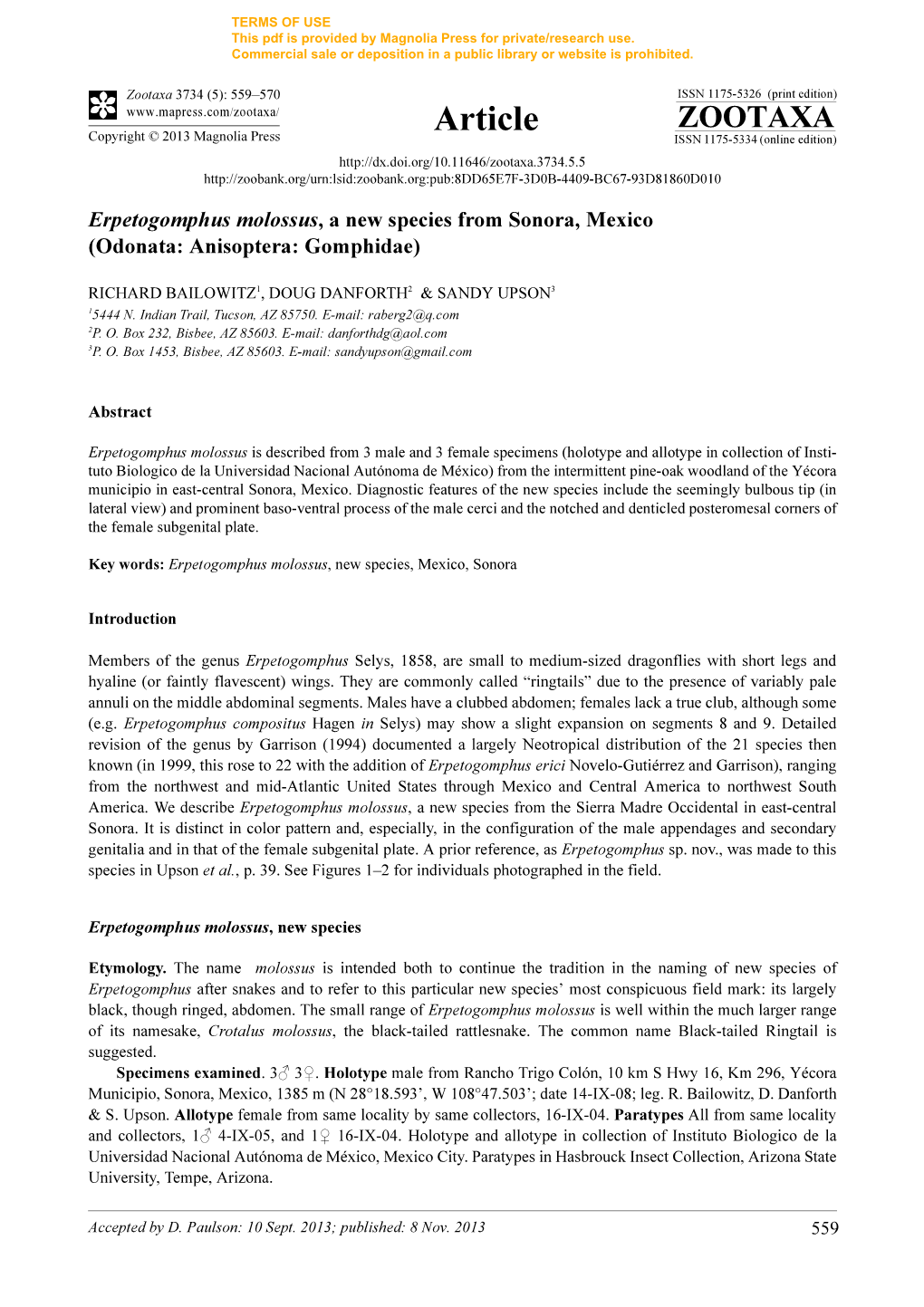 Erpetogomphus Molossus, a New Species from Sonora, Mexico (Odonata: Anisoptera: Gomphidae)