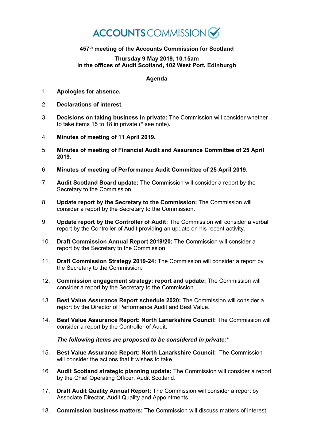 Accounts Commission Agenda and Papers 9 May 2019