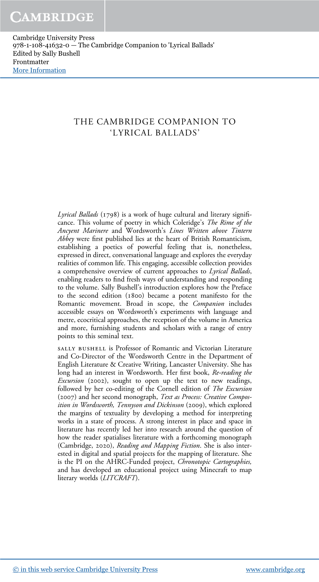 Lyrical Ballads' Edited by Sally Bushell Frontmatter More Information