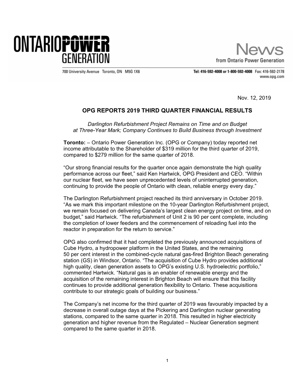 Opg Reports 2019 Third Quarter Financial Results