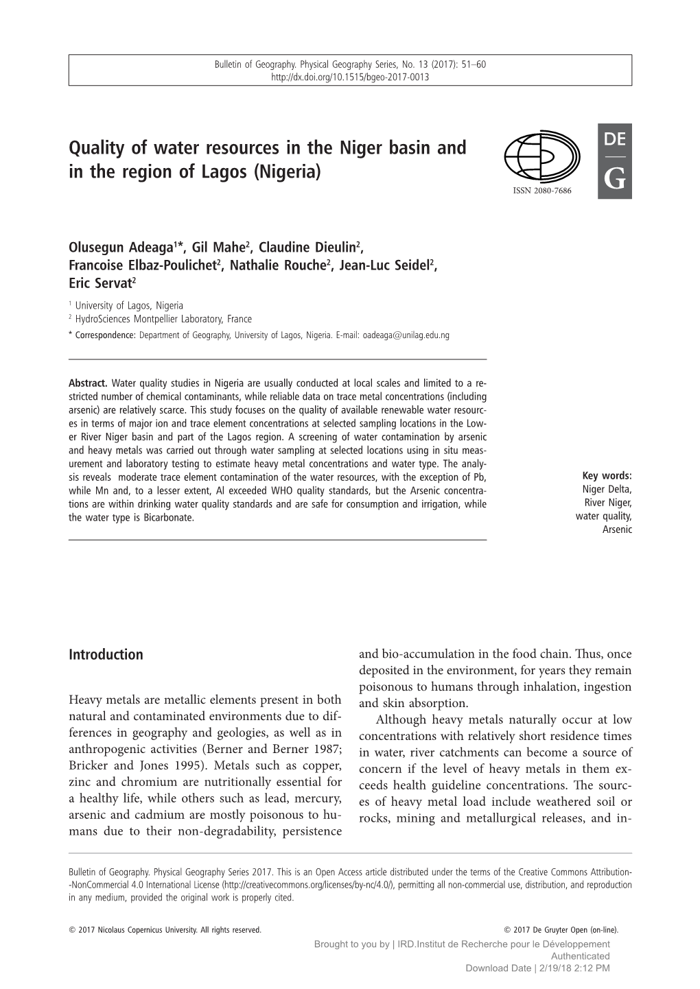 Quality of Water Resources in the Niger Basin and in the Region of Lagos (Nigeria) ISSN 2080-7686