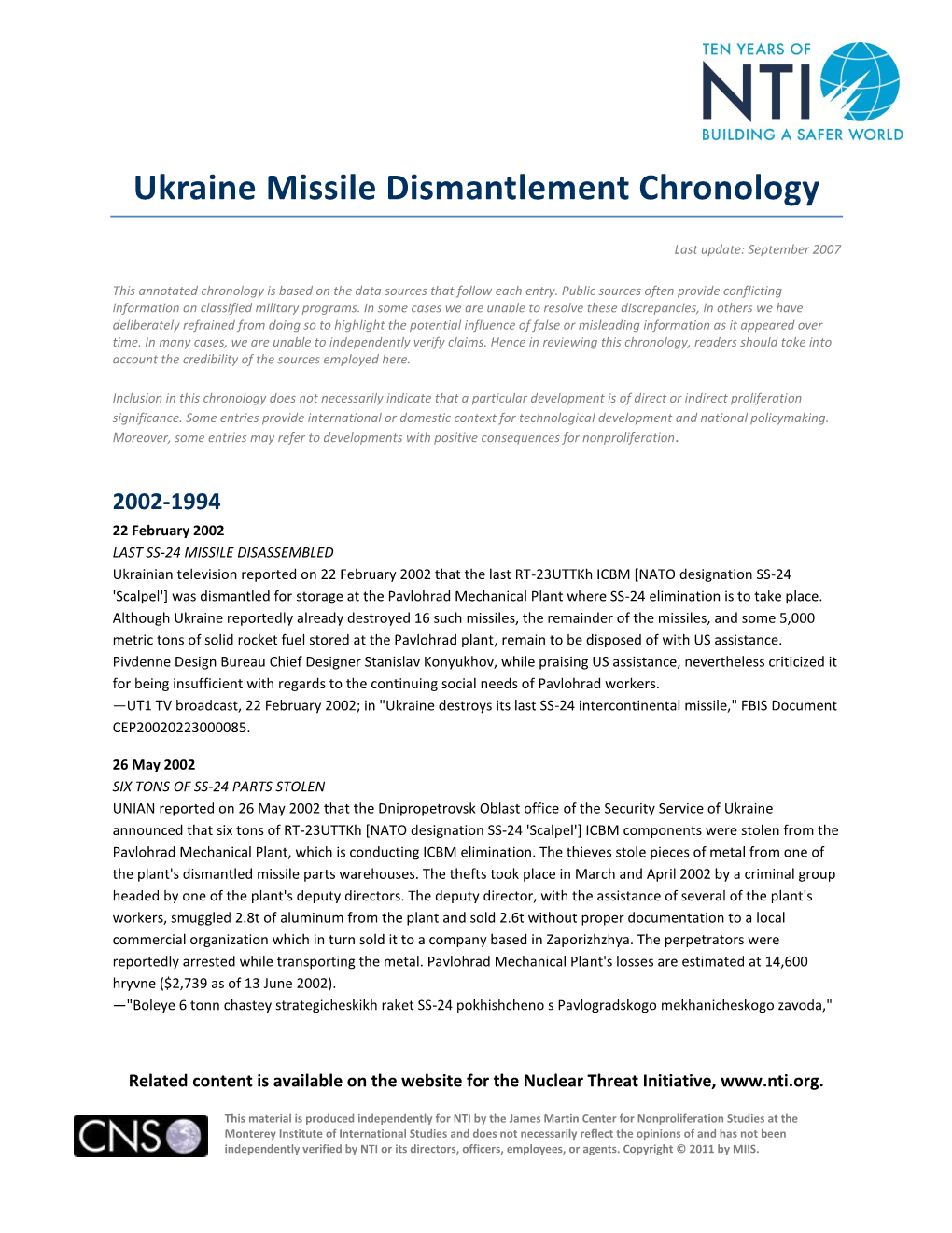 Ukraine Missile Dismantlement Chronology