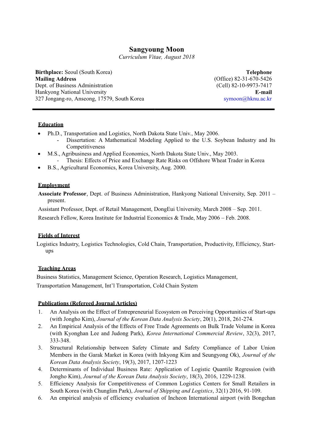 Sangyoung Moon Curriculum Vitae, August 2018