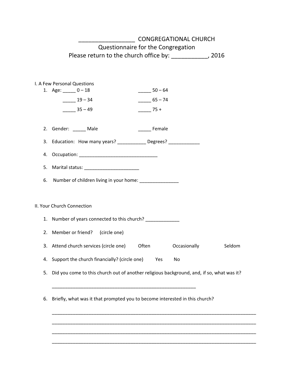 Questionnaire for the Congregation