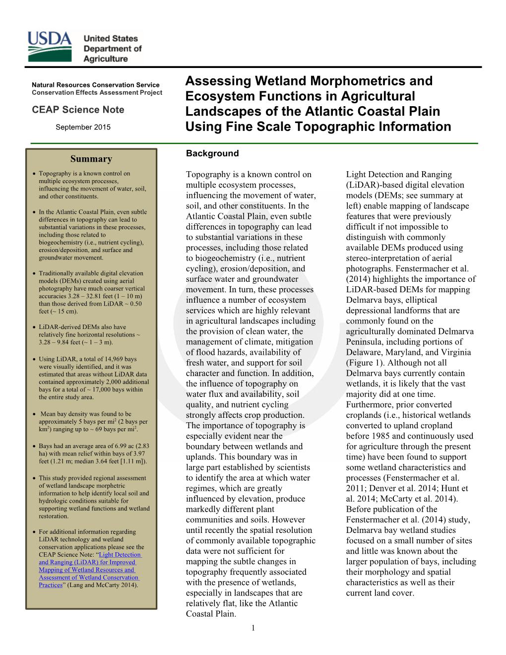 CEAP-Wetlands Science Note Delmarva Bays Morphometry