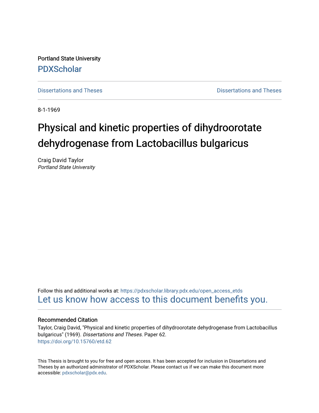 Physical and Kinetic Properties of Dihydroorotate Dehydrogenase from Lactobacillus Bulgaricus