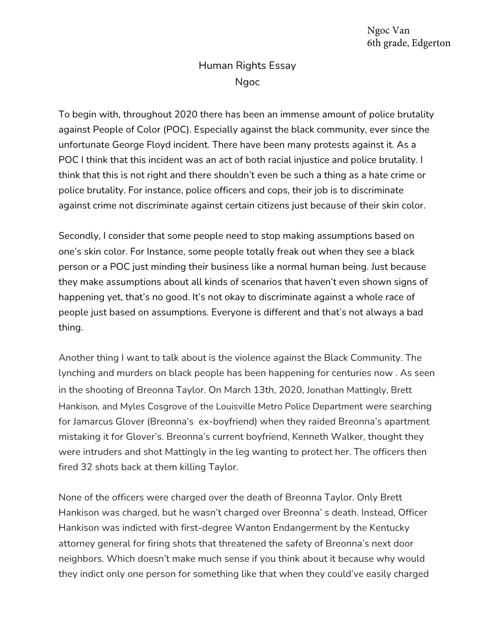 Human Rights Essay Ngoc Ngoc Van 6Th Grade, Edgerton