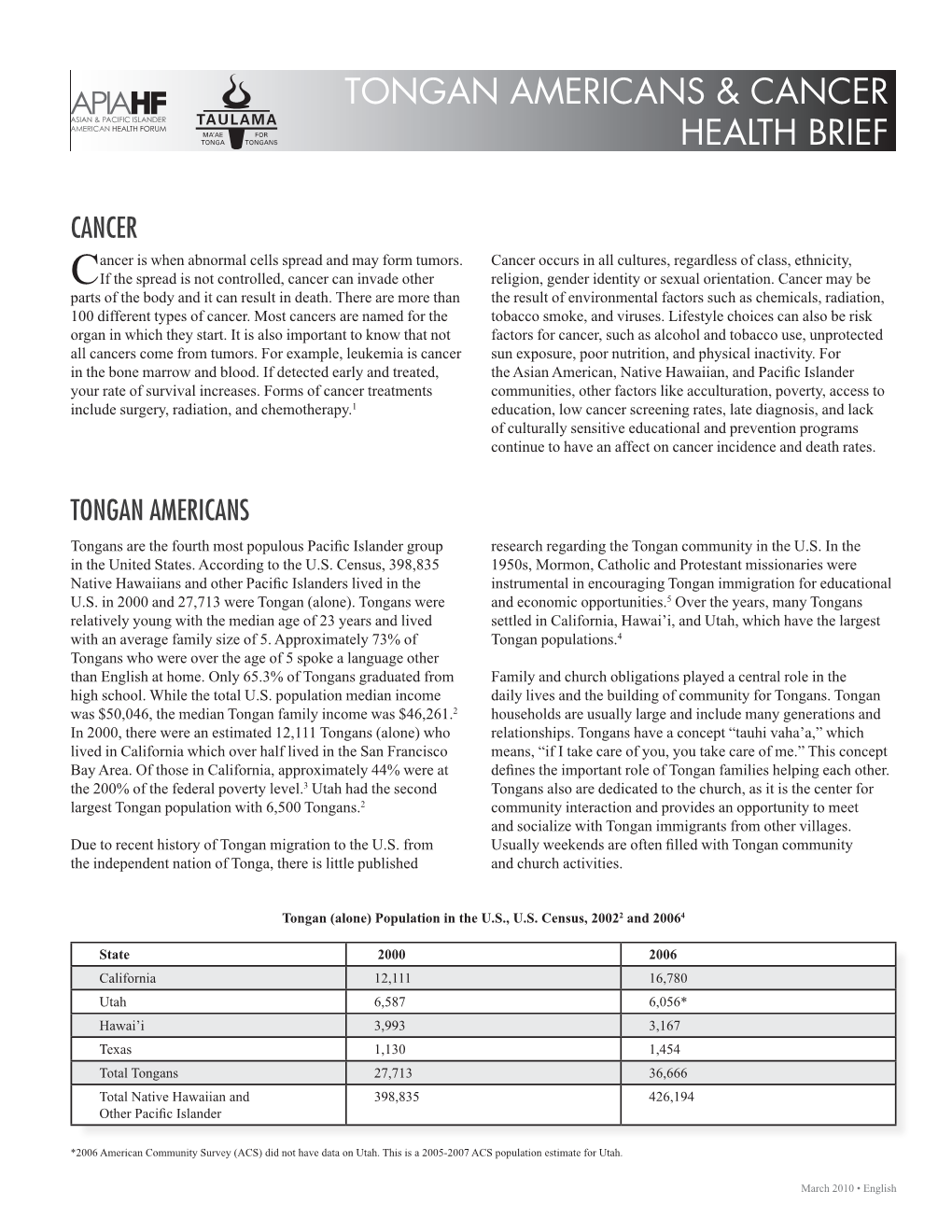 Tongan Americans & Cancer Health Brief