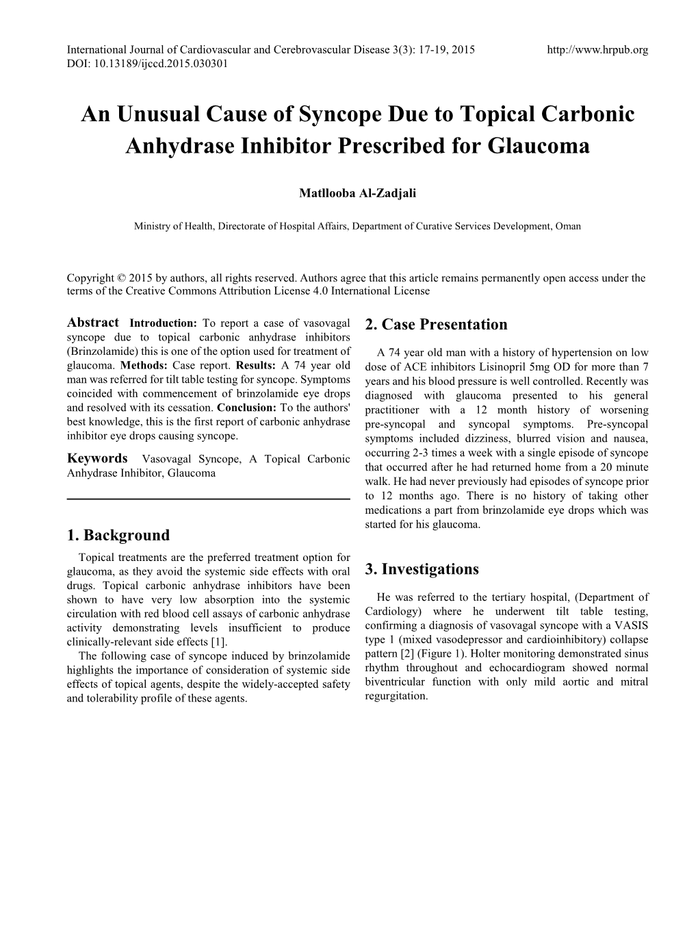 An Unusual Cause of Syncope Due to Topical Carbonic Anhydrase Inhibitor Prescribed for Glaucoma