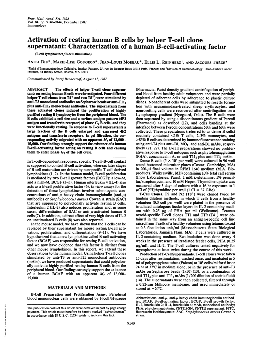 Activation of Resting Human B Cells by Helper T-Cell Clone Supernatant