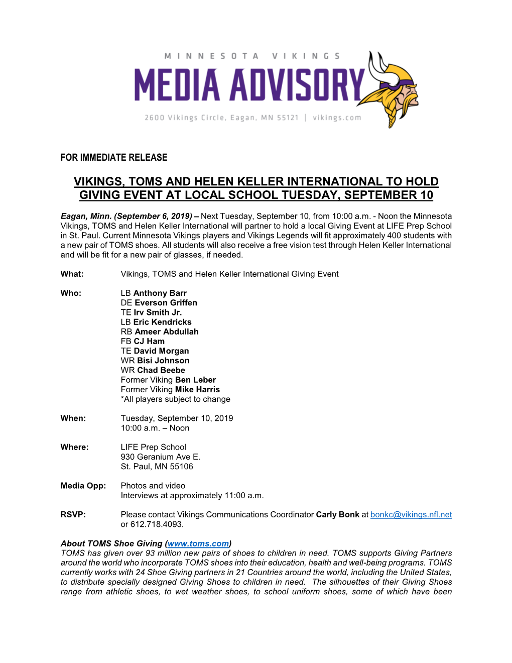 Vikings, Toms and Helen Keller International to Hold Giving Event at Local School Tuesday, September 10