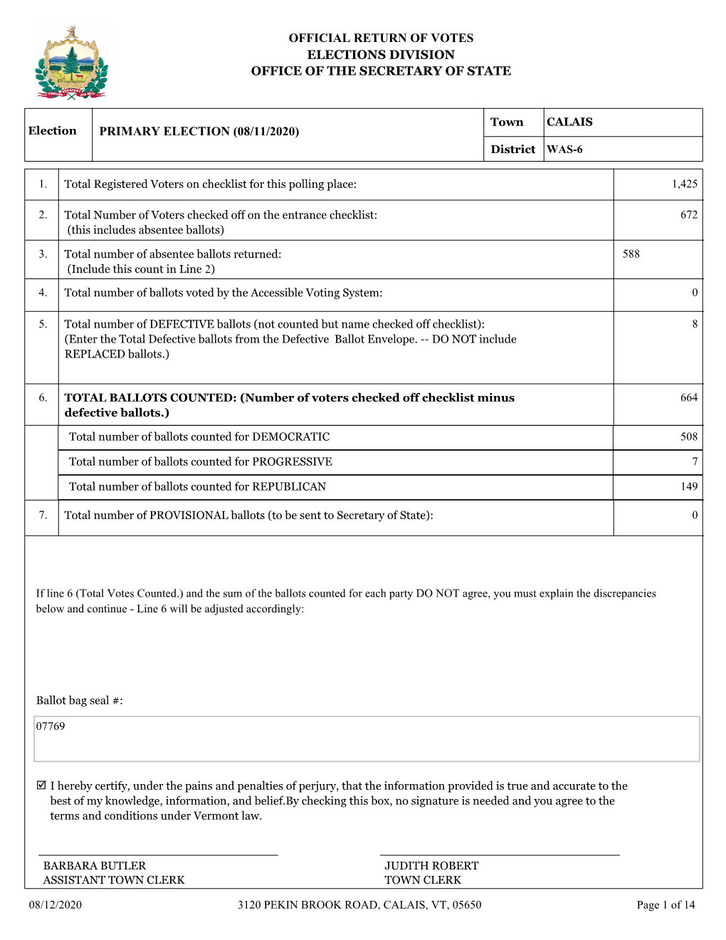 Official Return of Votes Elections Division Office of the Secretary of State