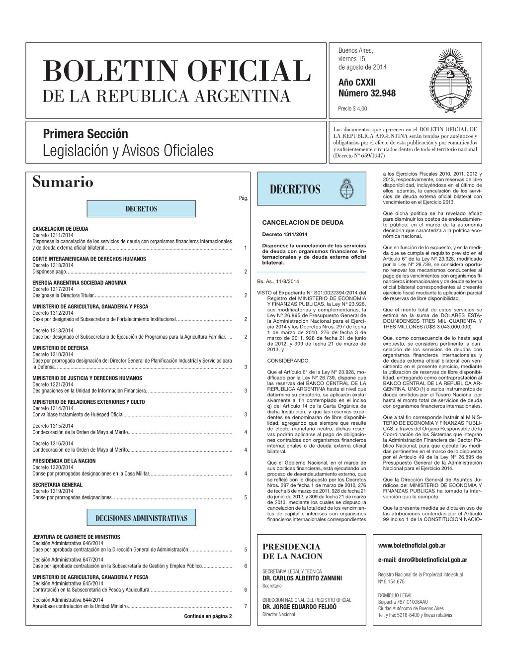 Sumario Disponibilidad, Incluyéndose En El Último De DECRETOS Ellos, Además, La Cancelación De Los Servi- Pág