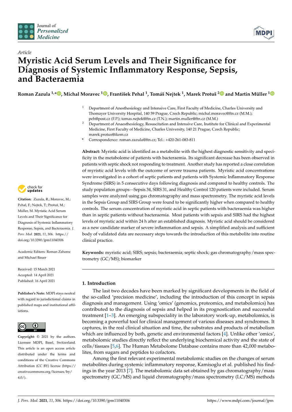 Myristic Acid Serum Levels and Their Significance for Diagnosis Of