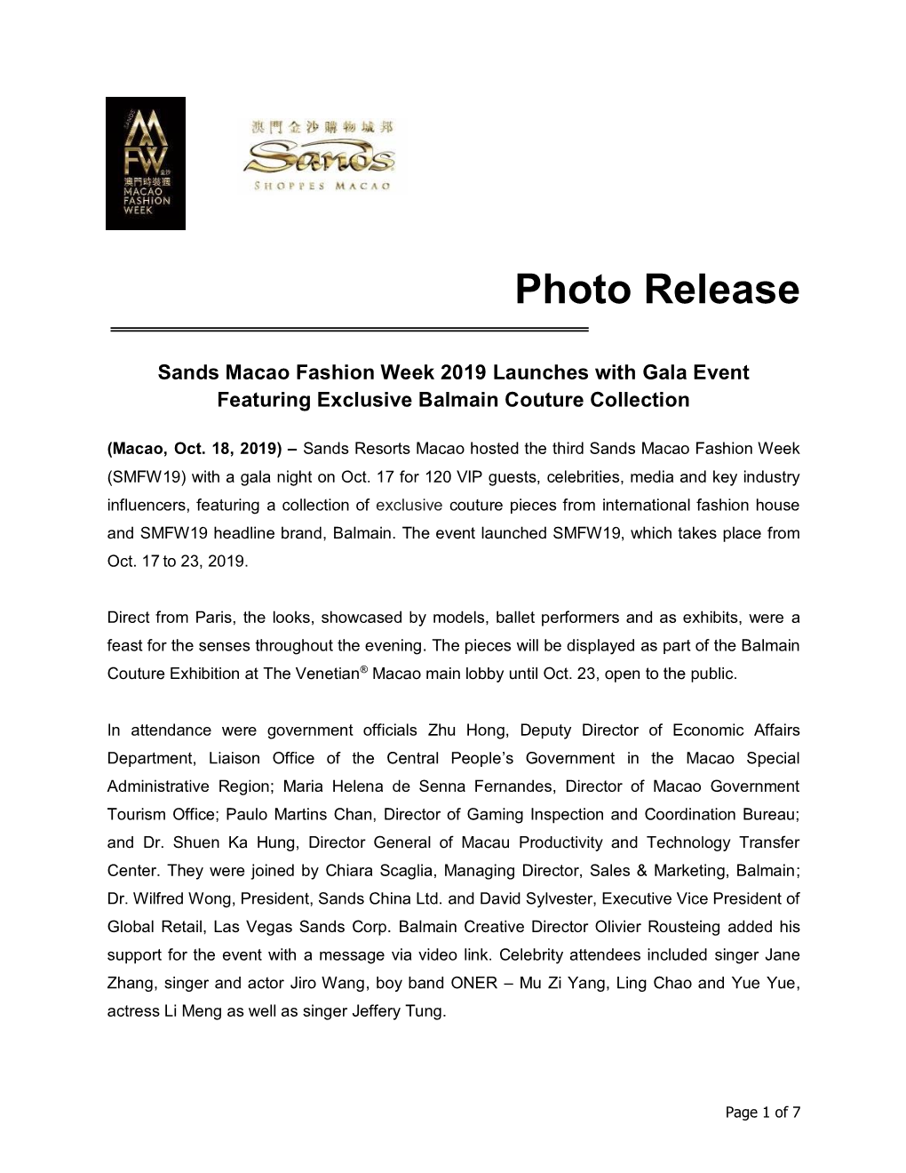 Sands Macao Fashion Week 2019 Launches with Gala Event Featuring Exclusive Balmain Couture Collection