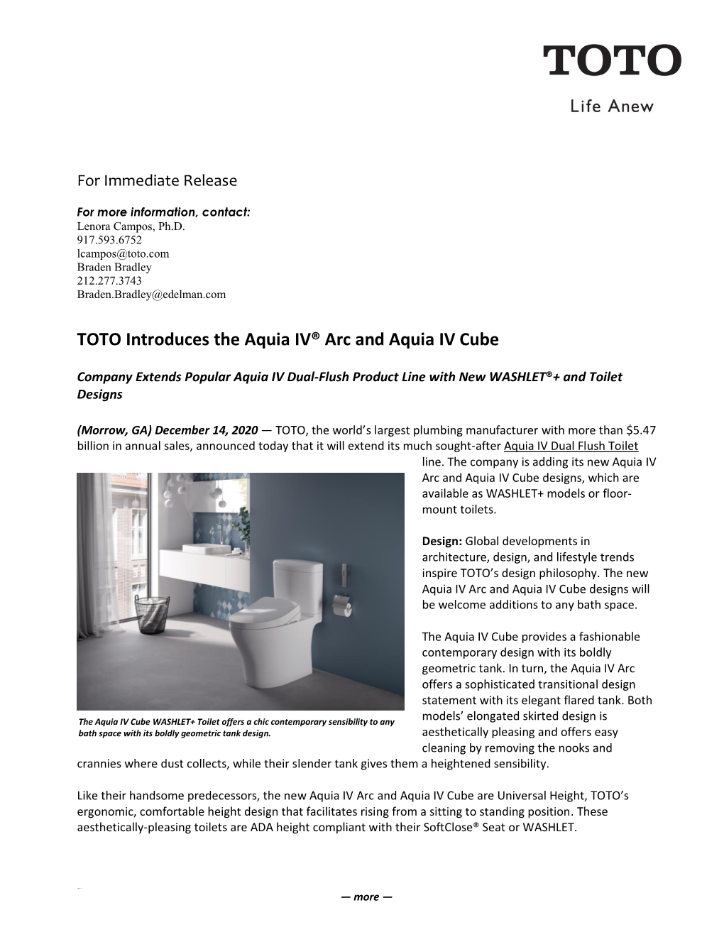 TOTO Introduces the Aquia IV® Arc and Aquia IV Cube