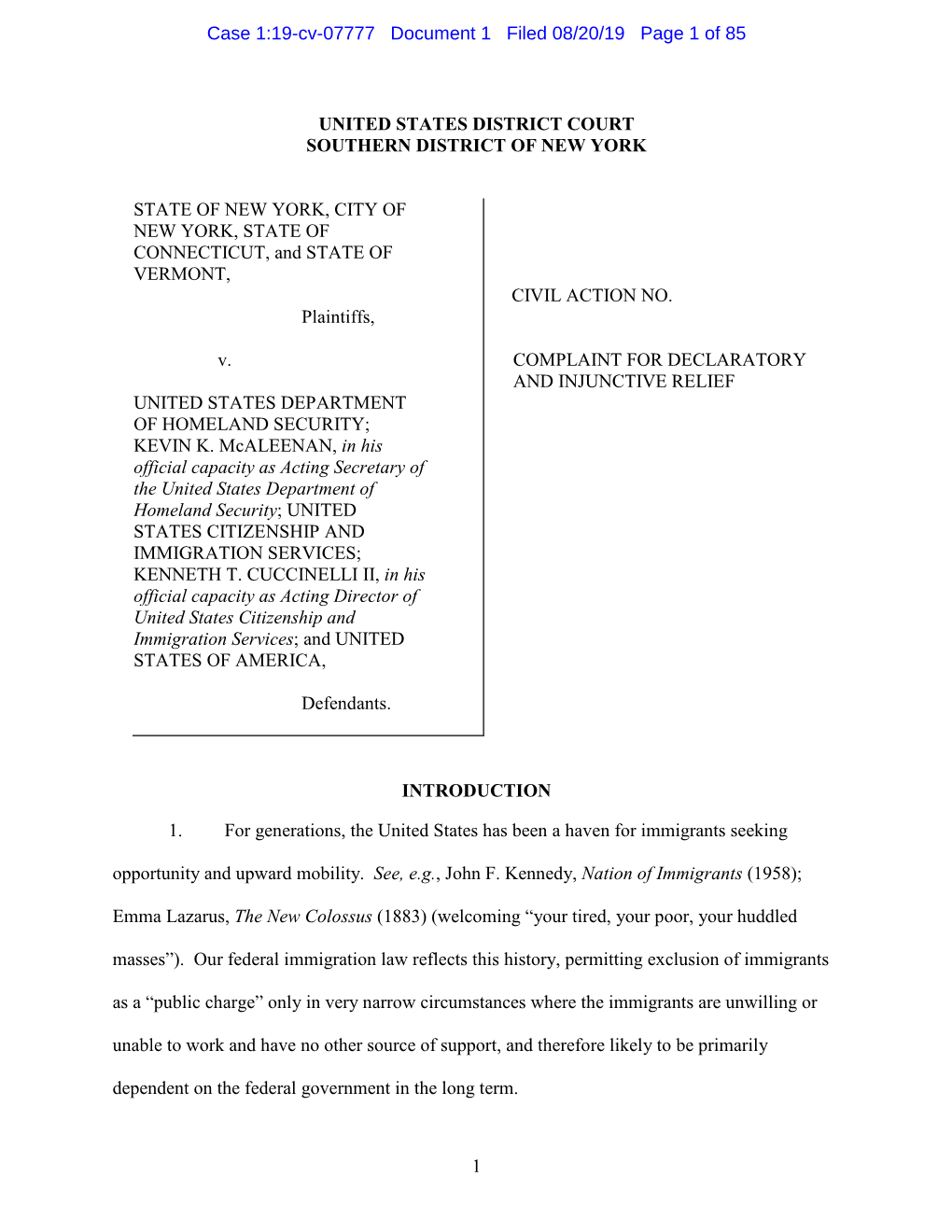 Case 1:19-Cv-07777 Document 1 Filed 08/20/19 Page 1 of 85