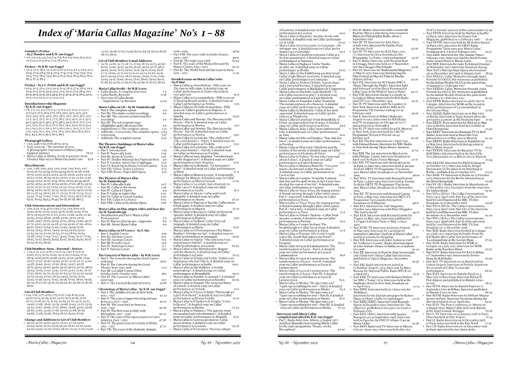 Index of 'Maria Callas Magazine' No's 1 – 88