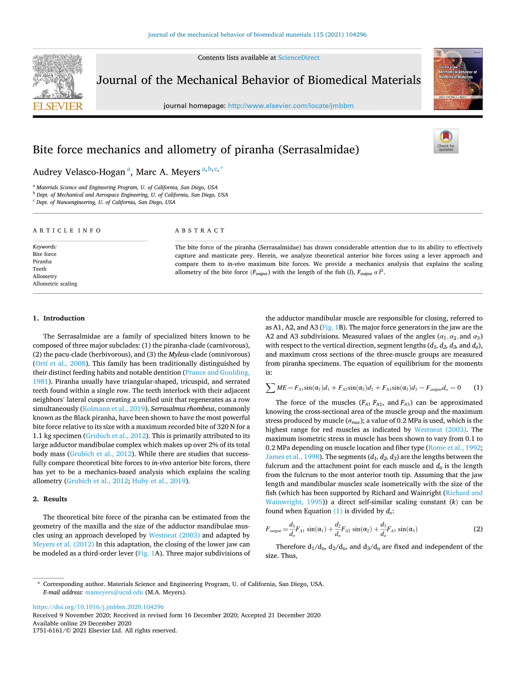 Bite Force Mechanics and Allometry of Piranha (Serrasalmidae)