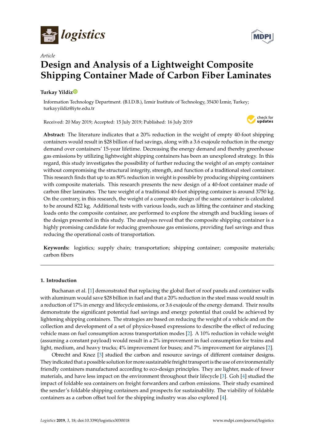 Design and Analysis of a Lightweight Composite Shipping Container Made of Carbon Fiber Laminates