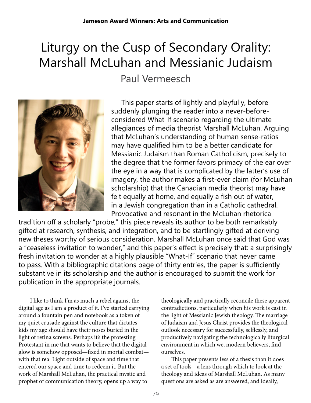 Liturgy on the Cusp of Secondary Orality: Marshall Mcluhan and Messianic Judaism Paul Vermeesch